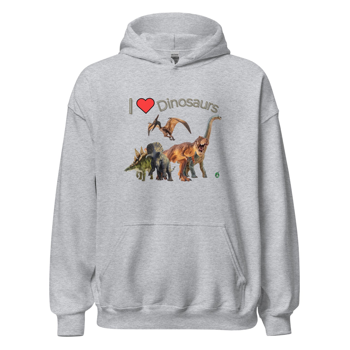 Women's grey hoodie with the printed graphic of life like dinosaurs and the words I love Dinosaurs, by Wizard Prints.