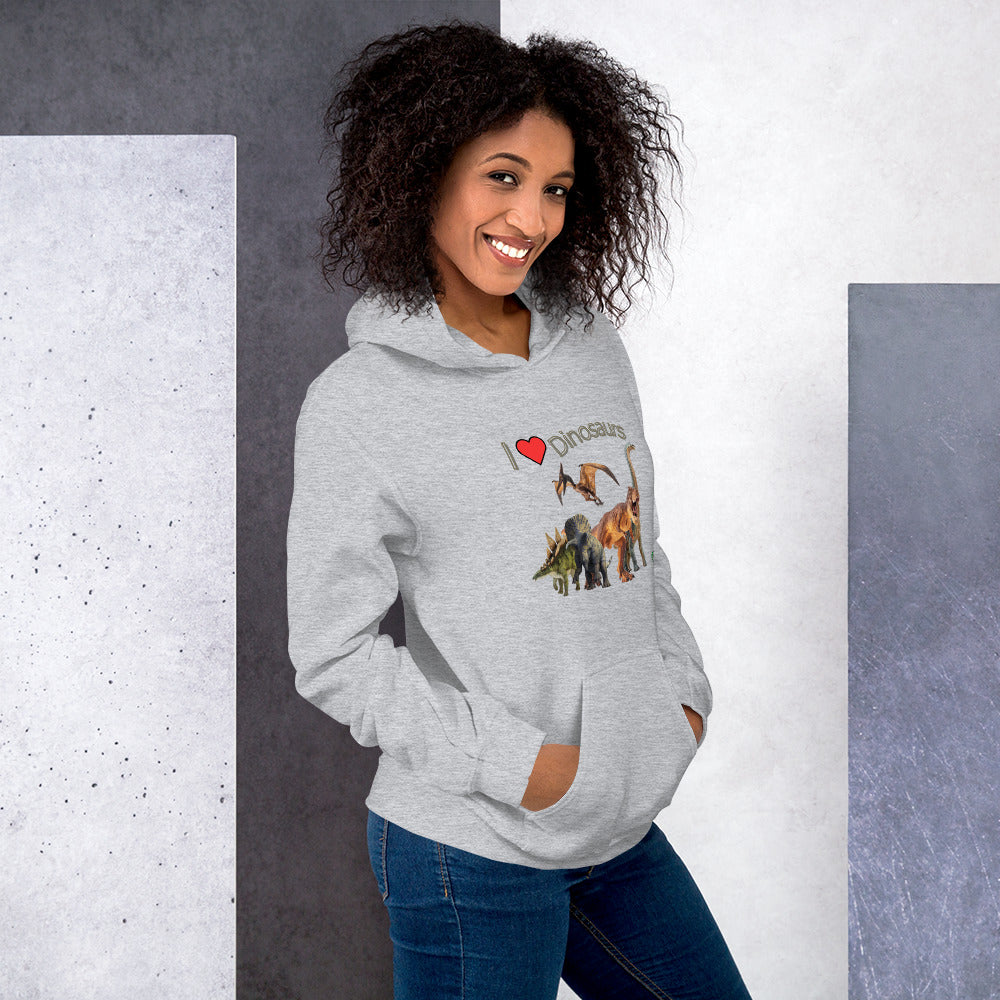 A woman standing wearing a grey hoodie with the printed graphic of life like dinosaurs and the words I love Dinosaurs, by Wizard Prints.