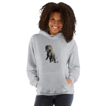 A woman standing wearing a grey hoodie with a printed graphic of a life like dinosaur. Designed by Wizard Prints.