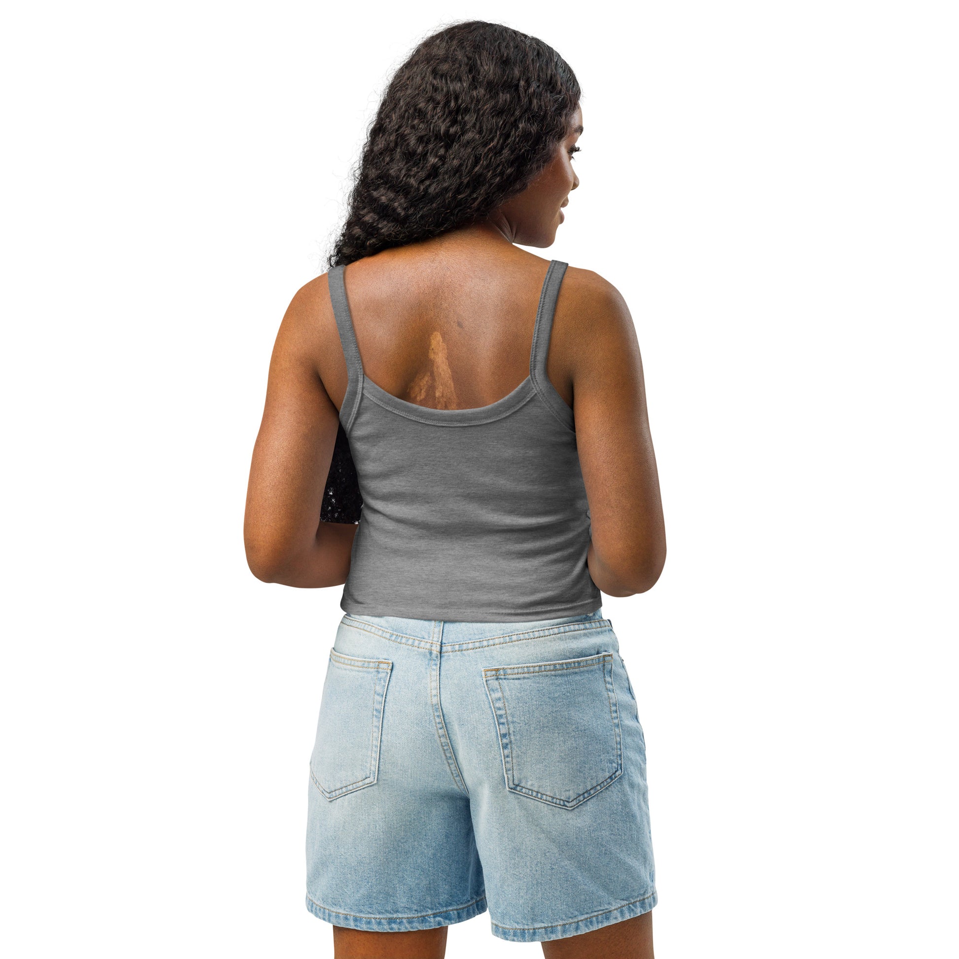 A woman standing with her back turned wearing a grey tank top. Design by Wizard Prints.