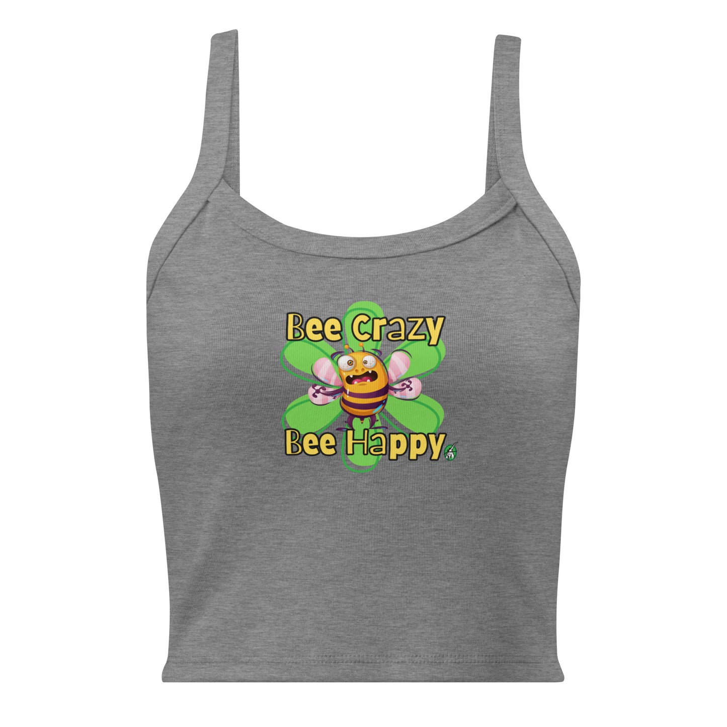 Women's grey tank top by Wizard Prints with a printed graphic of a screaming bee with the words, Bee Crazy Bee Happy.