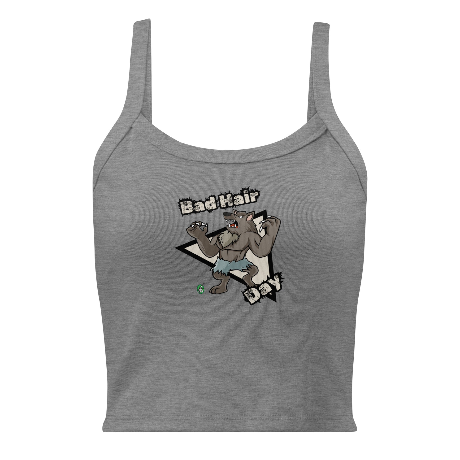 Women's grey tank top by Wizard Prints with a printed graphic of a werewolf with the words, Bad Hair Day.