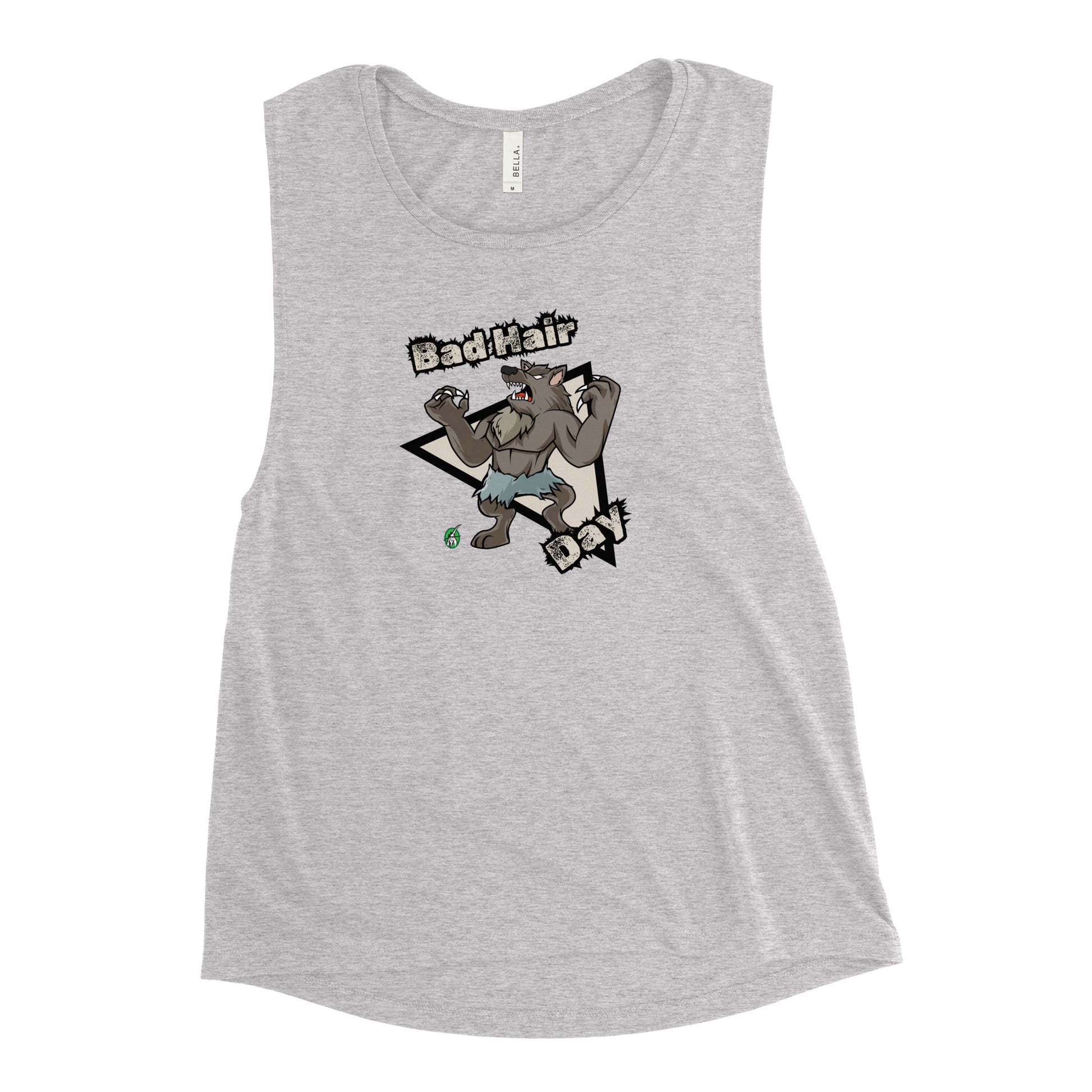 Women's grey tank top by Wizard Prints with a printed graphic of a werewolf with the words, Bad Hair Day.