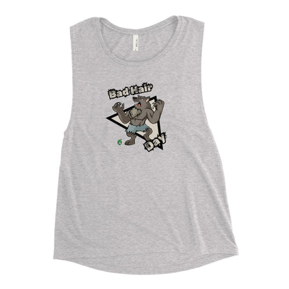 Women's grey tank top by Wizard Prints with a printed graphic of a werewolf with the words, Bad Hair Day.