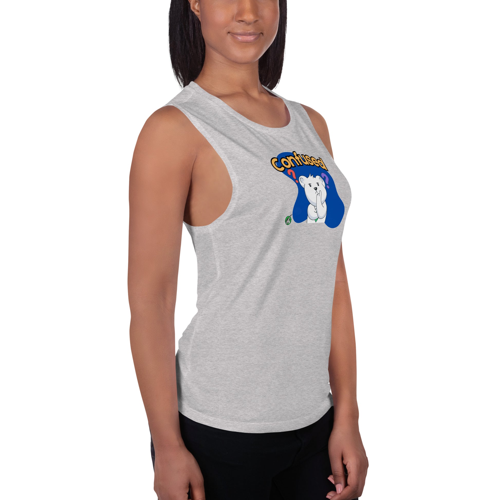 A woman standing wearing a grey tank top by Wizard Prints with a printed graphic of a puzzled teddy bear with the word, Confused.