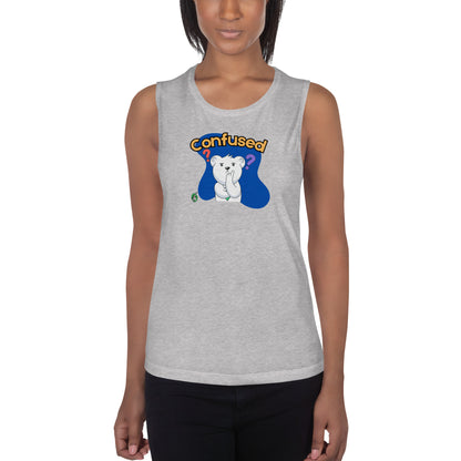 Women's grey tank top by Wizard Prints with a printed graphic of a puzzled teddy bear with the word, Confused.