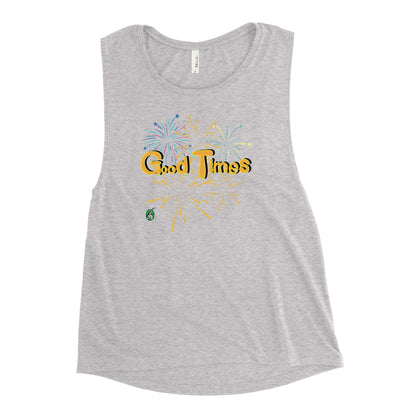 Women's grey tank top by Wizard Prints with a printed graphic of fireworks with the words, 'Good Times'.