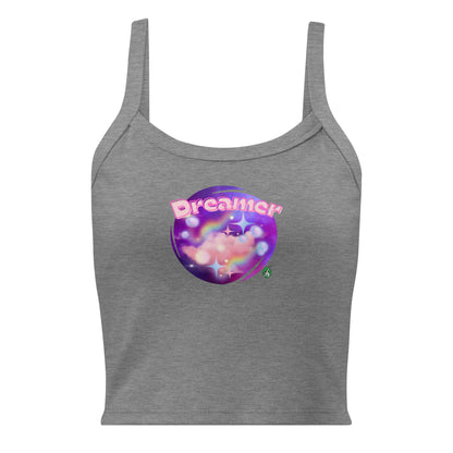 Women's grey tank top by Wizard Prints with a printed graphic of a galaxy background and the word Dreamer on top.