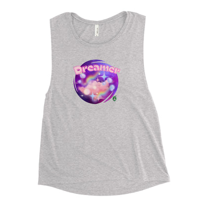 Women's grey tank top by Wizard Prints with a printed graphic of a galaxy background and the word Dreamer on top.