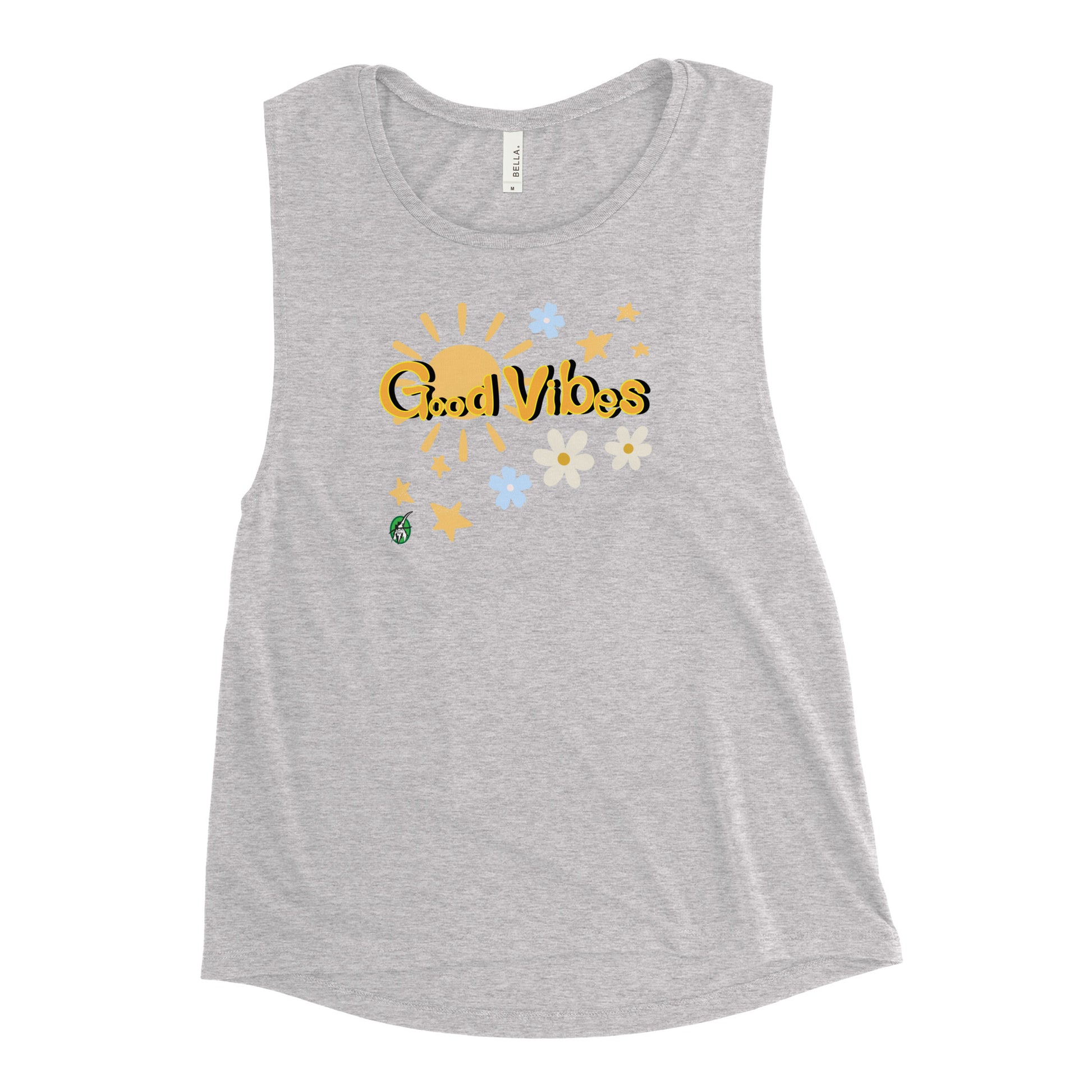 Women's grey tank top by Wizard Prints with a printed graphic of a the sun, flowers and the stars with the words, 'Good Vibes'.