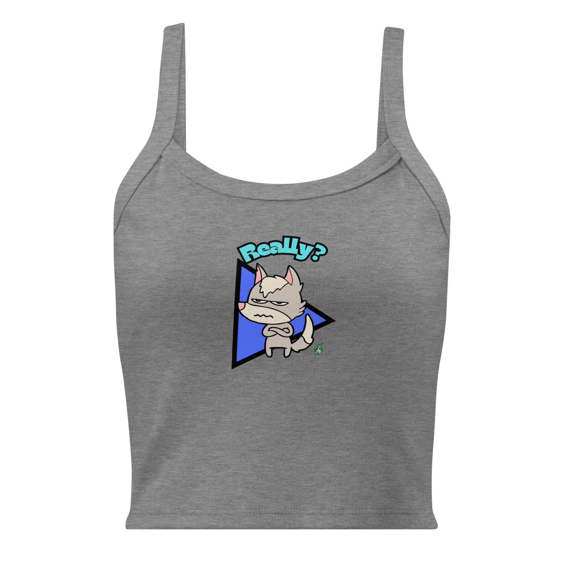 Women's grey tank top by Wizard Prints with a printed graphic of a grumpy fox with the word, 'Really?'