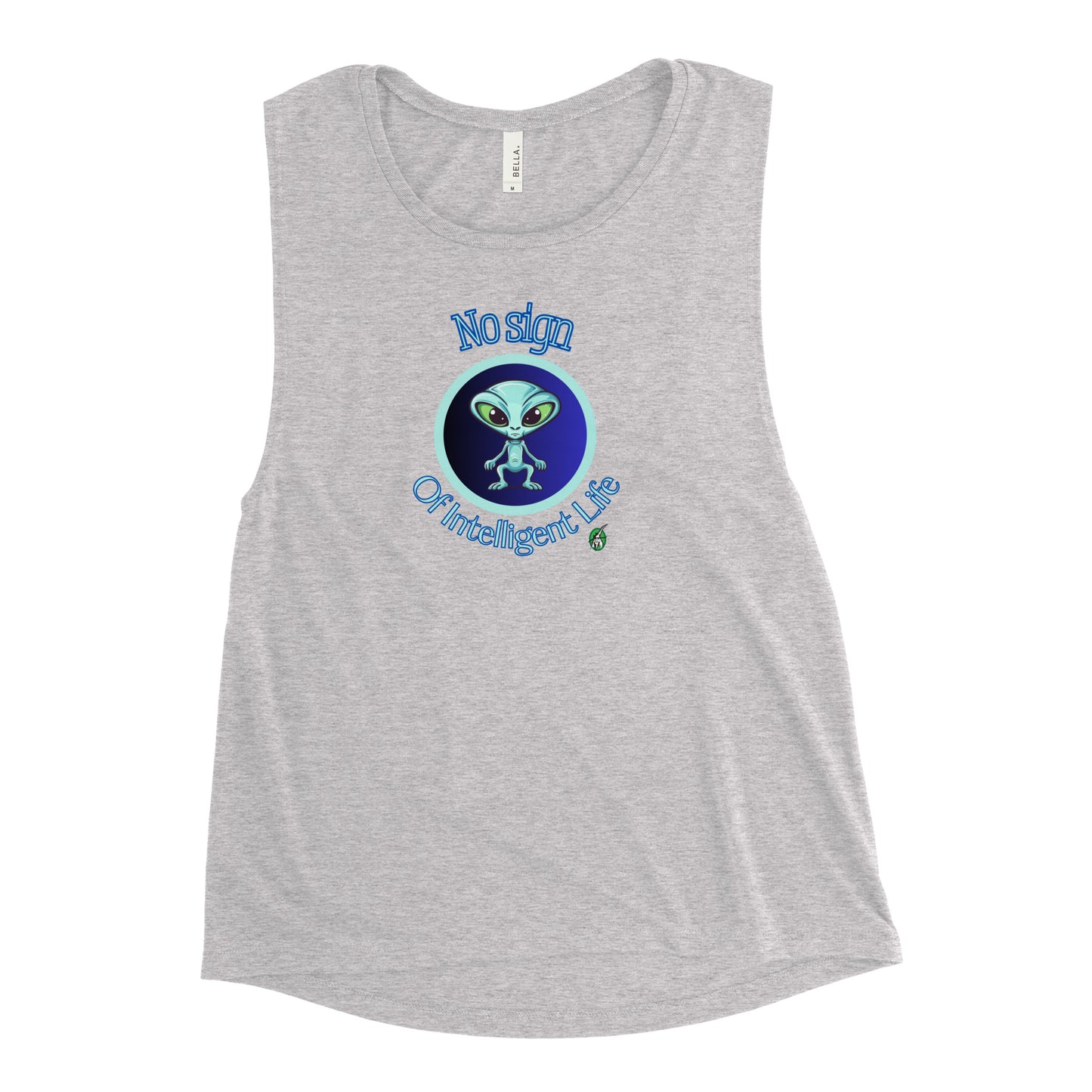 Women's grey tank top by Wizard Prints with a printed graphic of a blue alien and the words, No Sign of Intelligent Life.