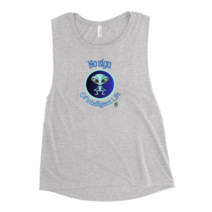 Women's grey tank top by Wizard Prints with a printed graphic of a blue alien and the words, No Sign of Intelligent Life.