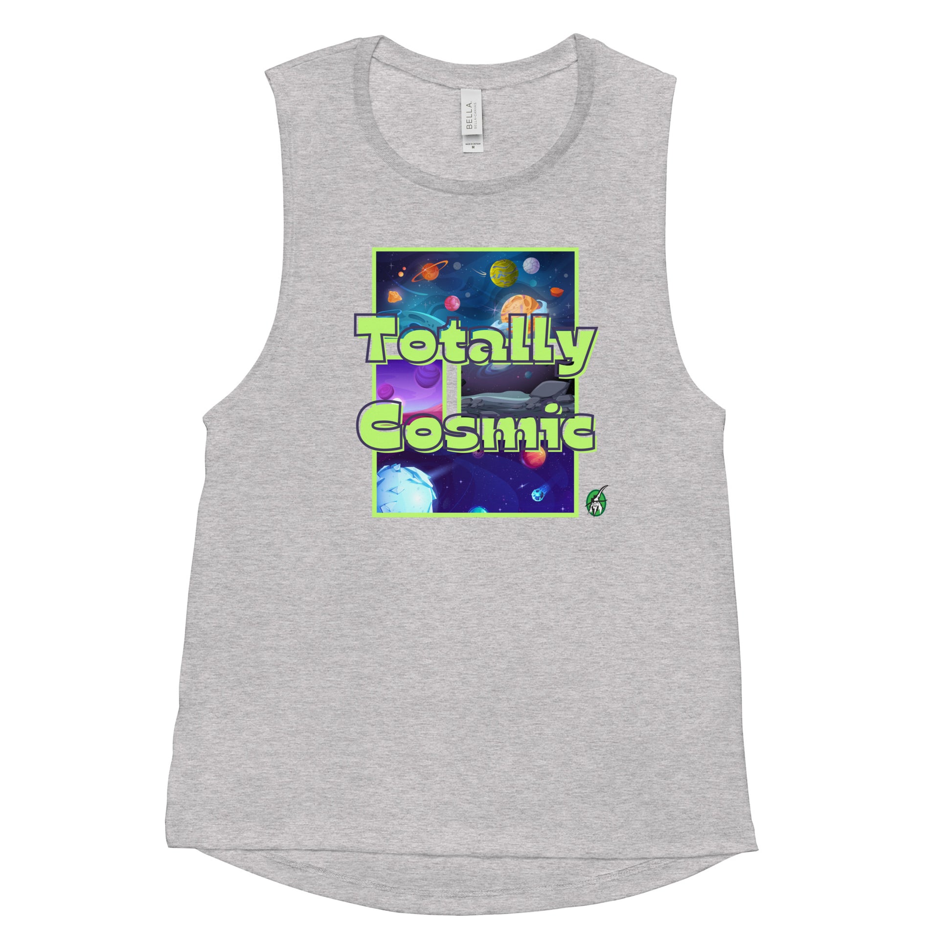 Women's grey tank top by Wizard Prints with a printed graphic of colorful planets in the background with the words “Totally Cosmic” on top.