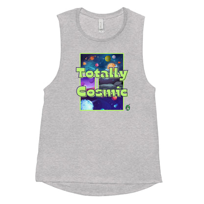 Women's grey tank top by Wizard Prints with a printed graphic of colorful planets in the background with the words “Totally Cosmic” on top.