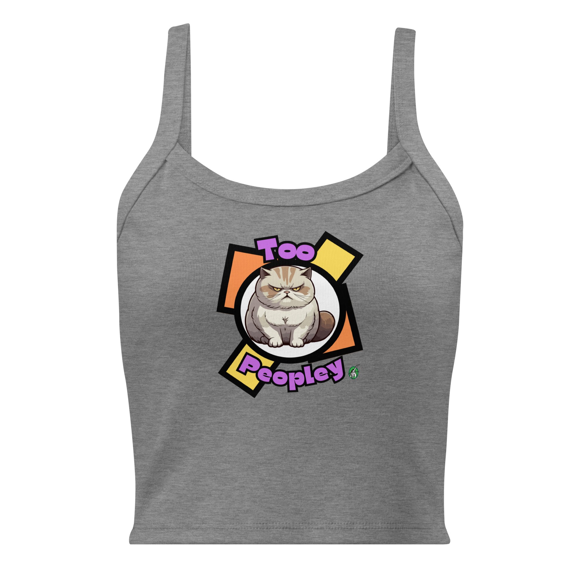 Women's grey tank top by Wizard Prints with a grumpy cat with the words, 'Too Peopley'