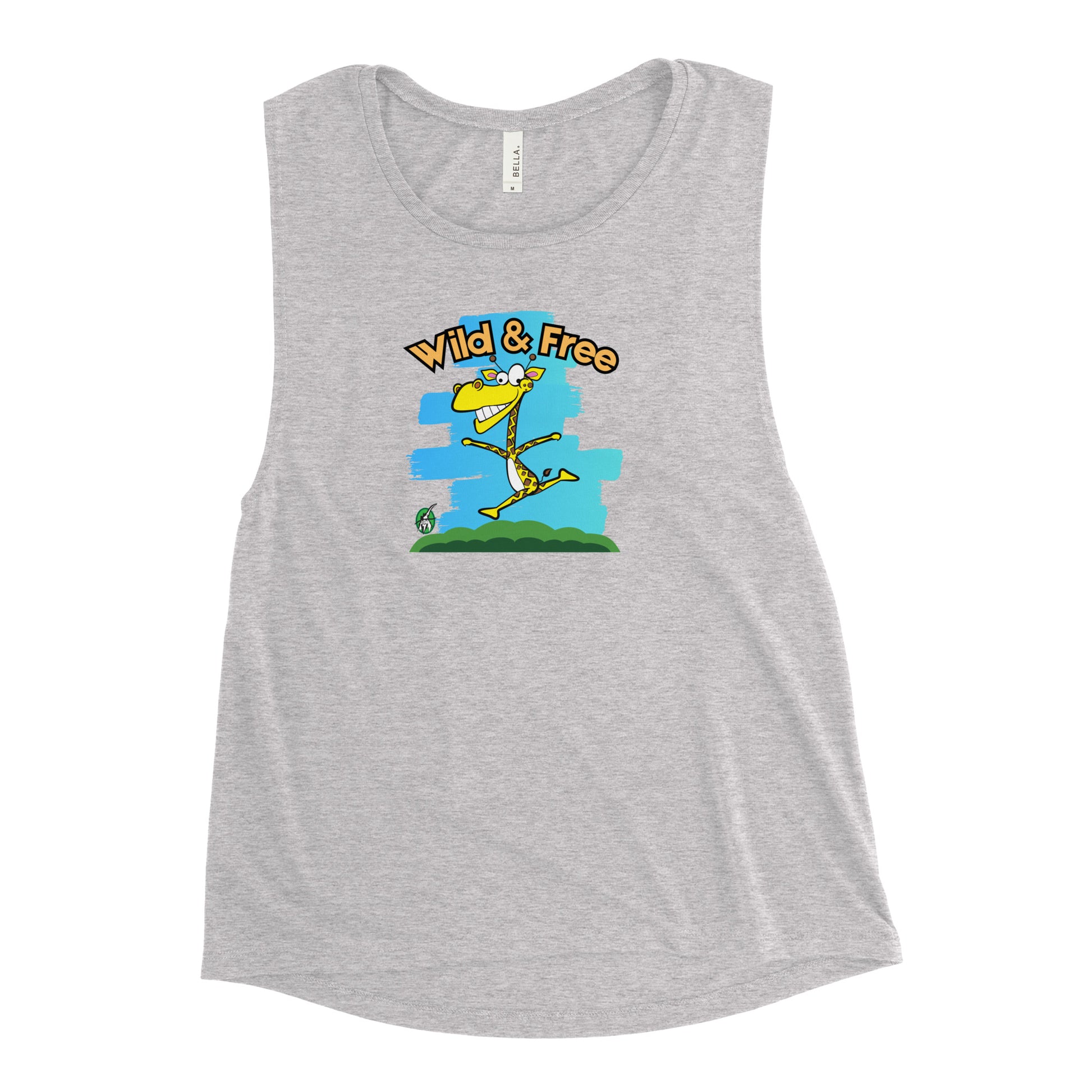 Women's grey tank top by Wizard Prints with a printed graphic of a happy running giraffe with the words, Wild & Free.  