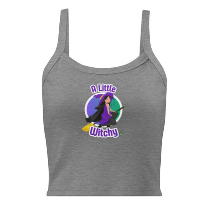 Women's grey tank top by Wizard Prints with a printed graphic of a witch riding a flying broom, with the text A Little Witchy.