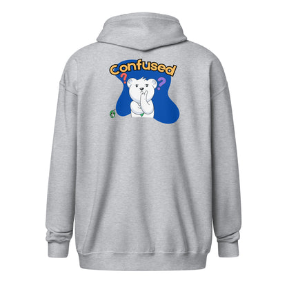 Women's grey zip-through hoodie with a funny confused bear graphic by Wizard Prints