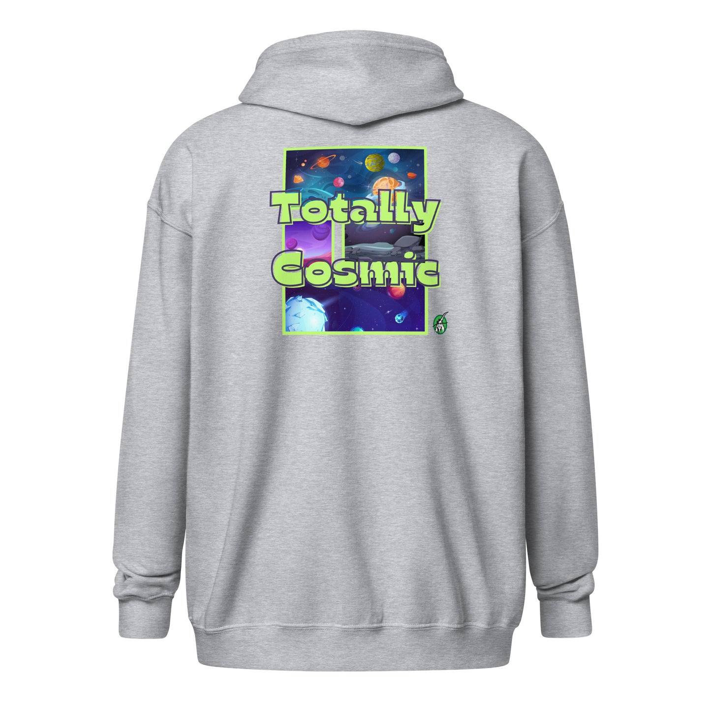 Women's grey zip through hoodie with a graphic on the back of the cosmos and the words Totally Cosmic, by Wizard Prints