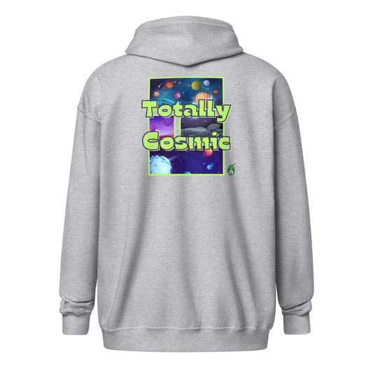 Women's grey zip through hoodie with a graphic on the back of the cosmos and the words Totally Cosmic, by Wizard Prints