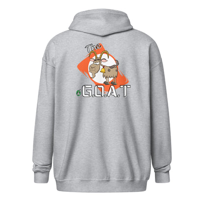 Women's grey zip through hoodie with a graphic of a goat on the back with the word G.O.A.T as in Greatest of all Time by Wizard Prints