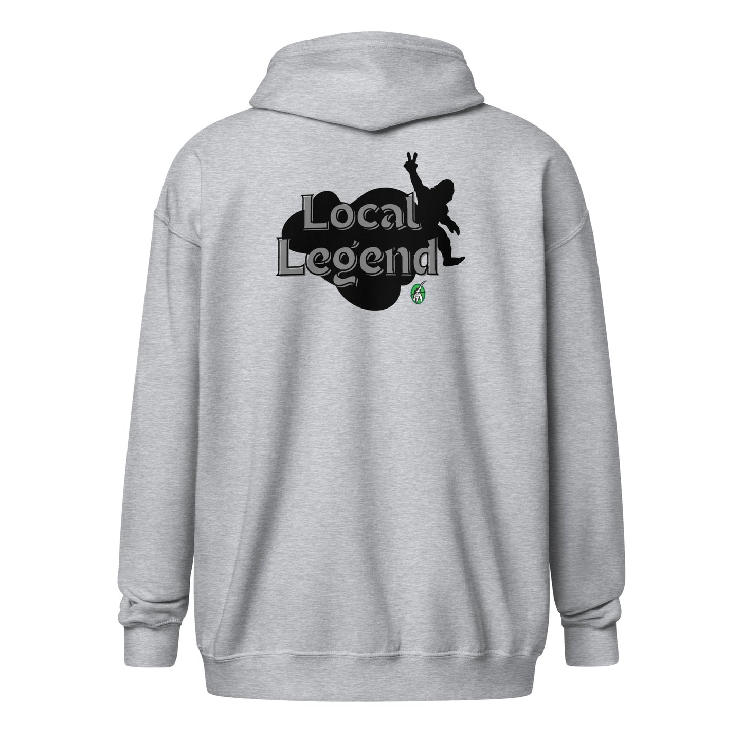 Women's grey zip-through hoodie with graphic of a Bigfoot's shadow with the words, 'local legend' by Wizard Prints