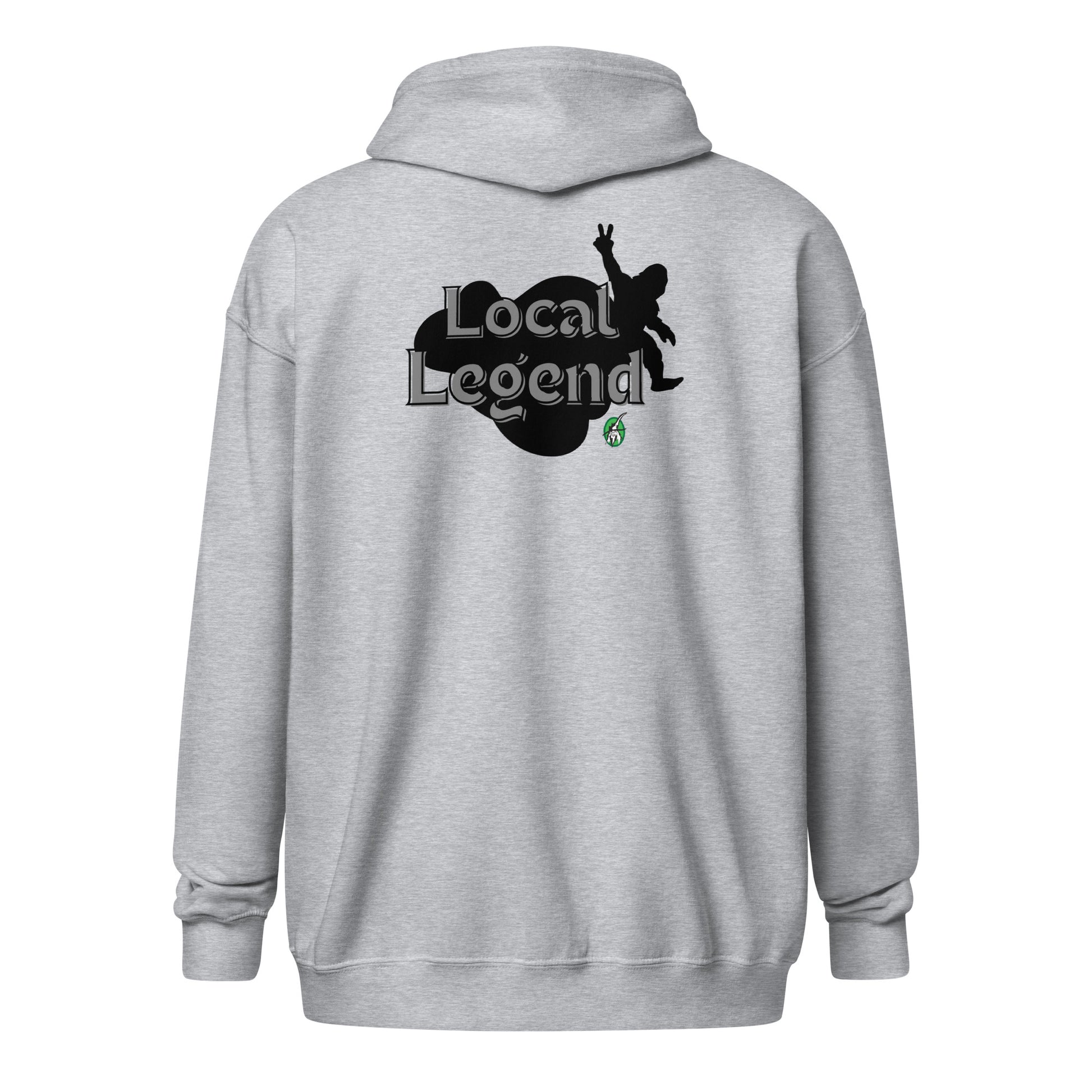 Women's grey zip-through hoodie with graphic of a Bigfoot's shadow with the words, 'local legend' by Wizard Prints