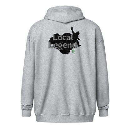 Women's grey zip-through hoodie with graphic of a Bigfoot's shadow with the words, 'local legend' by Wizard Prints