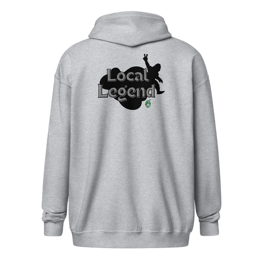 Women's grey zip-through hoodie with graphic of a Bigfoot's shadow with the words, 'local legend' by Wizard Prints