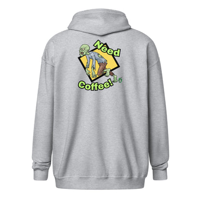 Women's grey zip-through hoodie with a funny graphic of a zombie saying, 'Need Coffee' by Wizard Prints