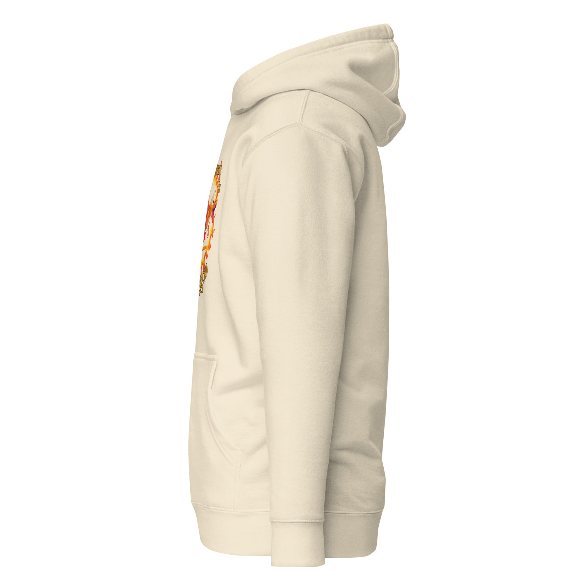 Side view of a women's beige hoodie by Wizard Prints Shop.