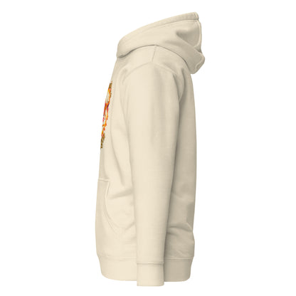Side view of a women's beige hoodie by Wizard Prints Shop.