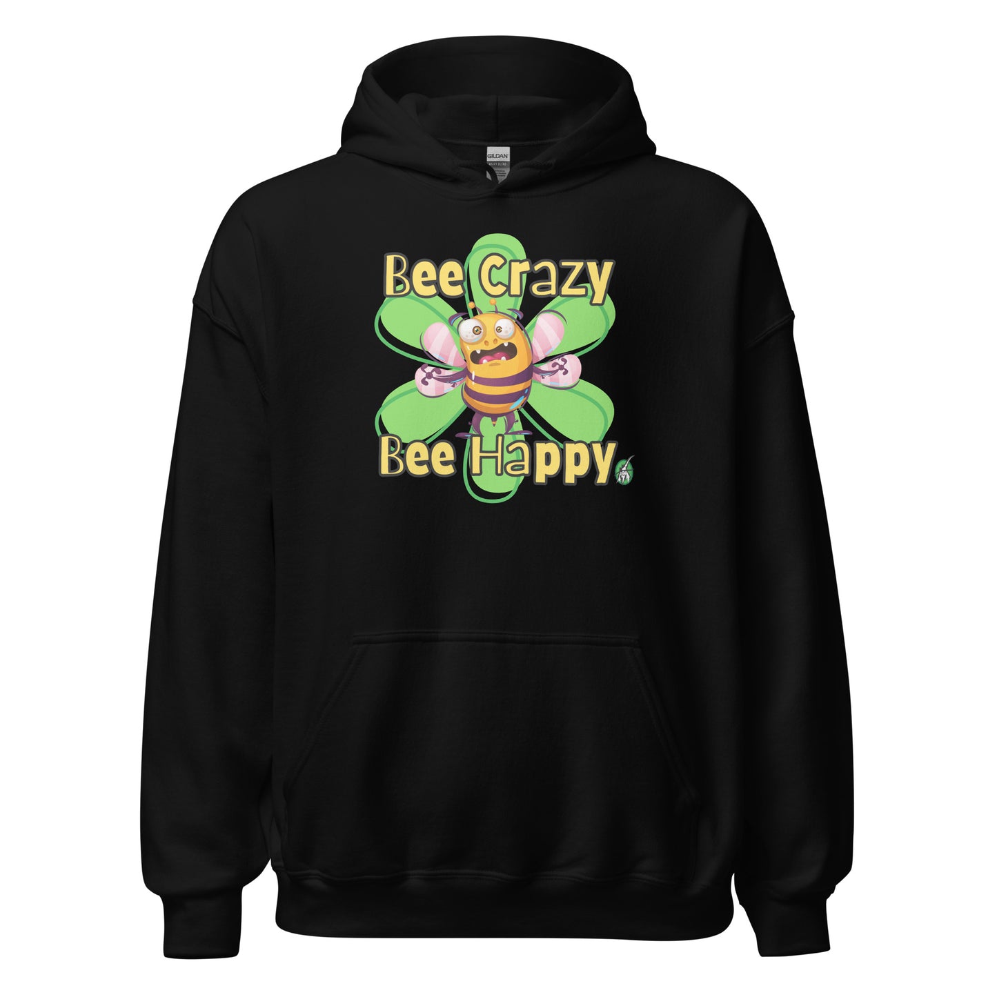 Women's black hoodie with a printed graphic of a bee with the words, 'Bee Crazy Bee Happy'. Designed by Wizard Prints.