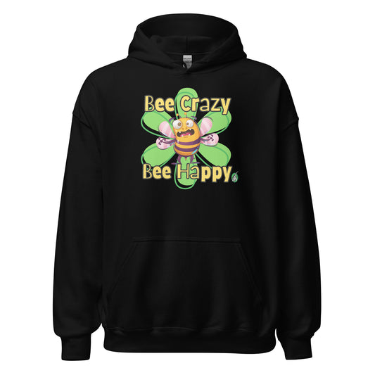 Women's black hoodie with a printed graphic of a bee with the words, 'Bee Crazy Bee Happy'. Designed by Wizard Prints.