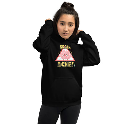 A woman standing wearing a black hoodie with a printed graphic of a brain with the words, Brain Ache. Designed by Wizard Prints.
