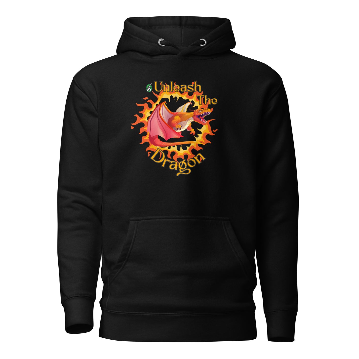 Women's black hoodie with a printed graphic of a fire-breathing dragon with the words, 'Unleash the Dragon'. Designed by Wizard Prints.