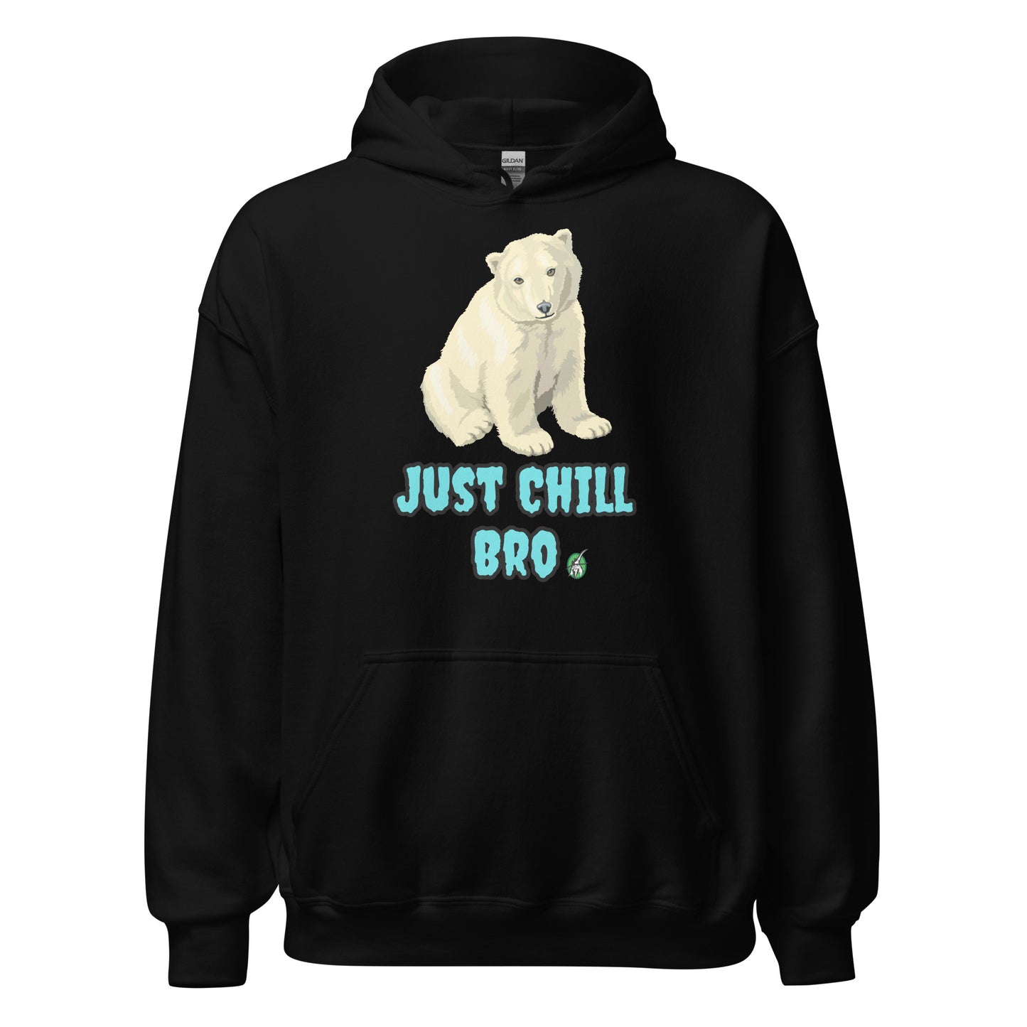 Women's black hoodie with a printed graphic of a bear with the words, 'Just Chill Bro'. Designed by Wizard Prints.