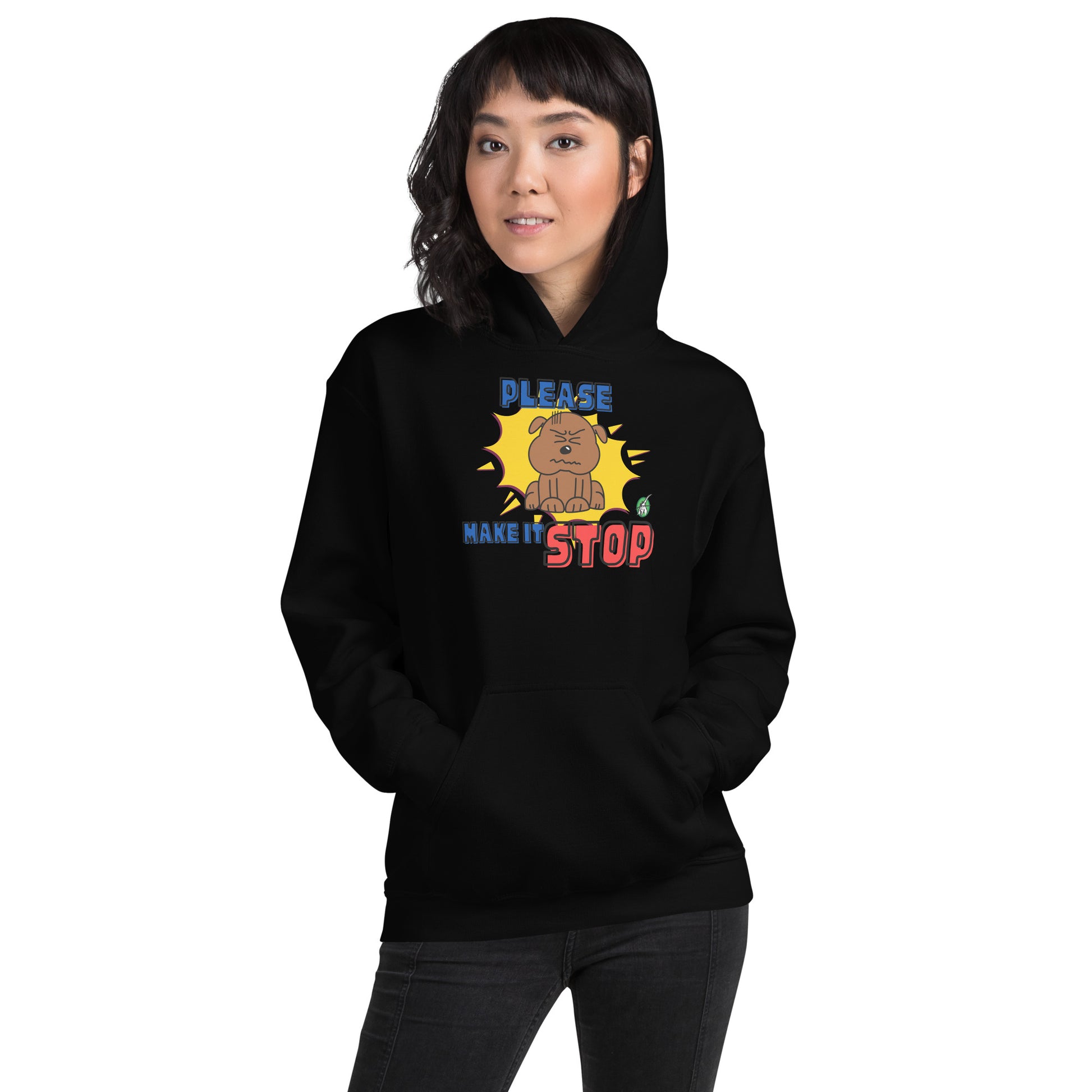 A woman standing wearing a black hoodie with a printed graphic of a frowning dog with the words, Please Make It Stop. Designed by Wizard Prints.