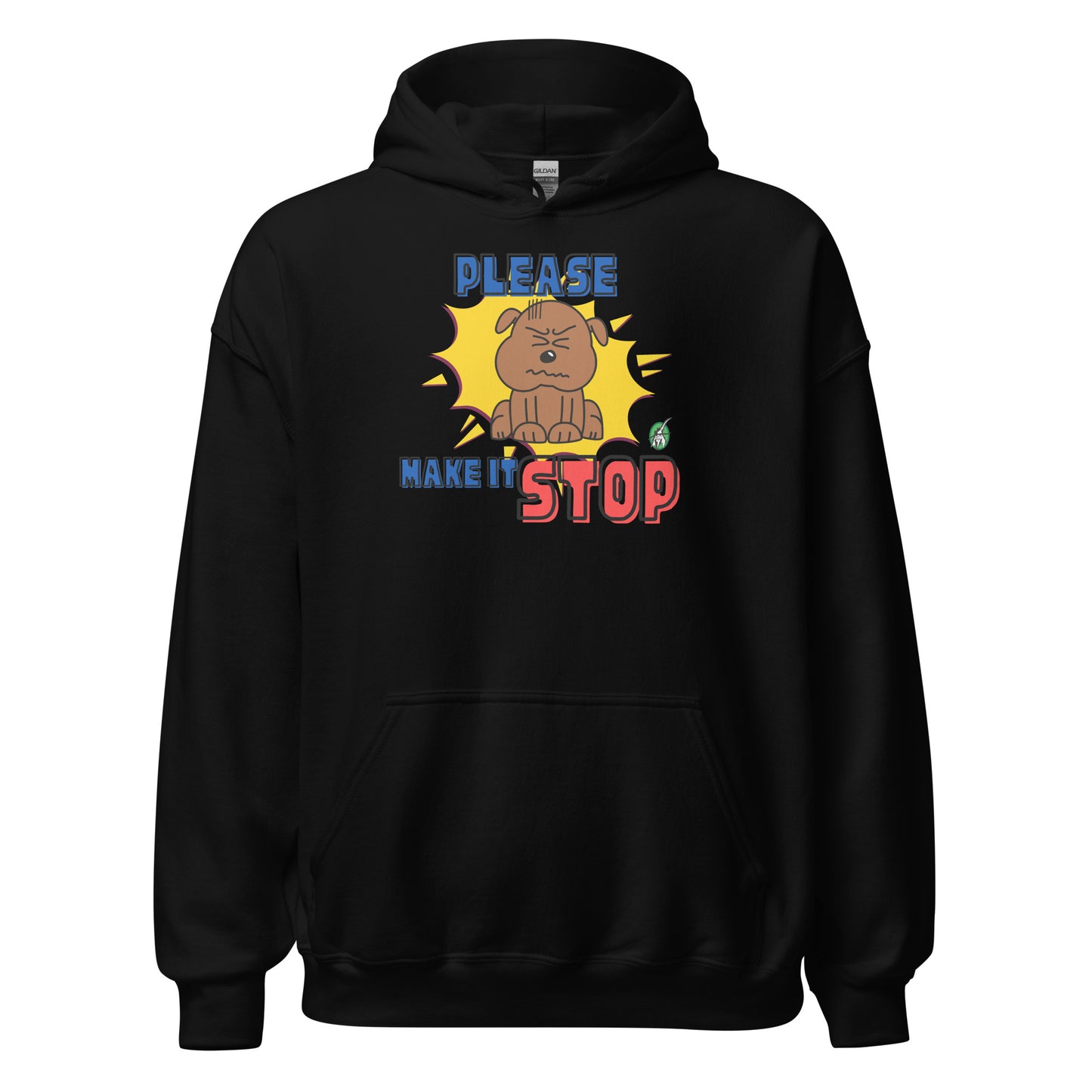 Women's black hoodie with a printed graphic of a frowning dog with the words, Please Make It Stop. Designed by Wizard Prints.