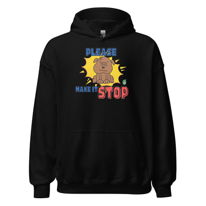 Women's black hoodie with a printed graphic of a frowning dog with the words, Please Make It Stop. Designed by Wizard Prints.