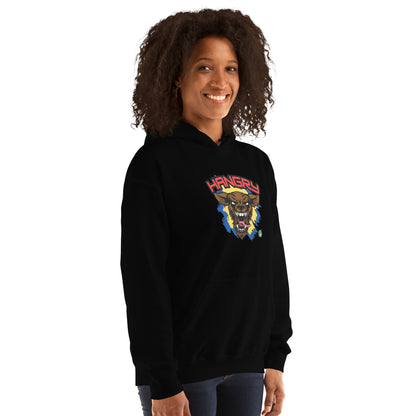 A woman standing wearing a black hoodie by Wizard Prints featuring a printed graphic of an angry wolf and the word, Hangry.
