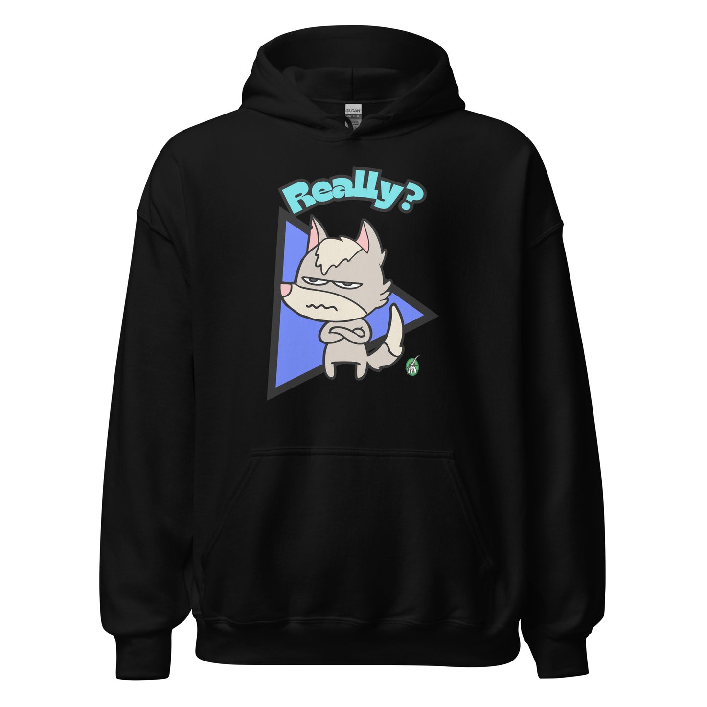 Women's black hoodie with a printed graphic of a grumpy fox with the word, 'Really?'. Designed by Wizard Prints