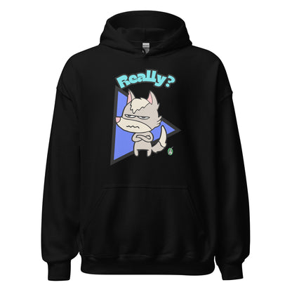 Women's black hoodie with a printed graphic of a grumpy fox with the word, 'Really?'. Designed by Wizard Prints