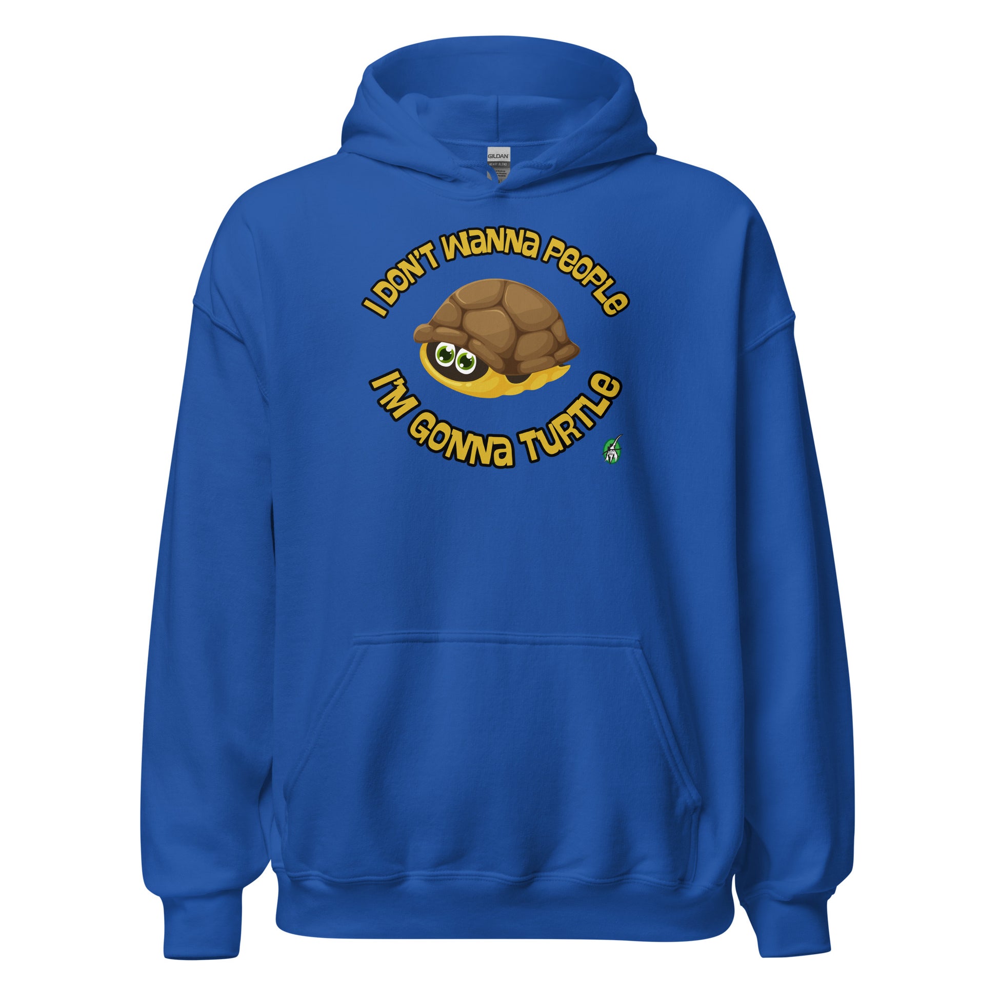 Women's blue hoodie with a printed graphic of a turtle with the words, 'I Don't Wanna People, I'm Gonna Turtle'. Designed by Wizard Prints.