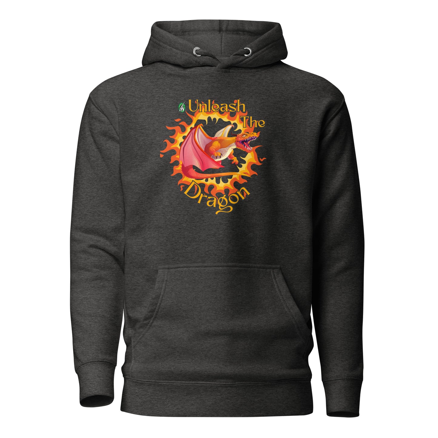 Women's dark grey hoodie with a printed graphic of a fire-breathing dragon with the words, 'Unleash the Dragon'. Designed by Wizard Prints.