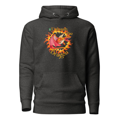 Women's dark grey hoodie with a printed graphic of a fire-breathing dragon with the words, 'Unleash the Dragon'. Designed by Wizard Prints.