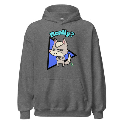 Women's dark grey hoodie with a printed graphic of a grumpy fox with the word, 'Really?'. Designed by Wizard Prints.