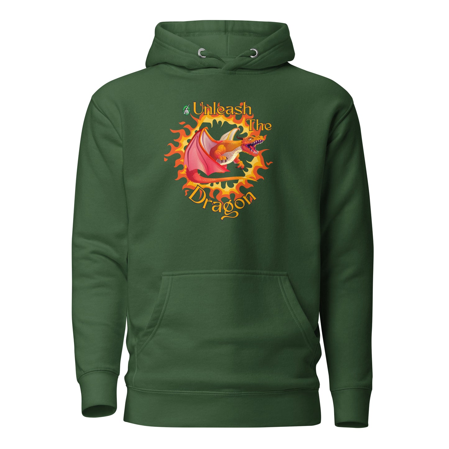Women's forest green hoodie with a printed graphic of a fire-breathing dragon with the words, 'Unleash the Dragon'. Designed by Wizard Prints.