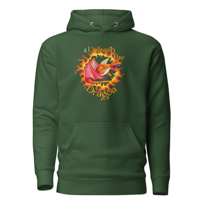 Women's forest green hoodie with a printed graphic of a fire-breathing dragon with the words, 'Unleash the Dragon'. Designed by Wizard Prints.